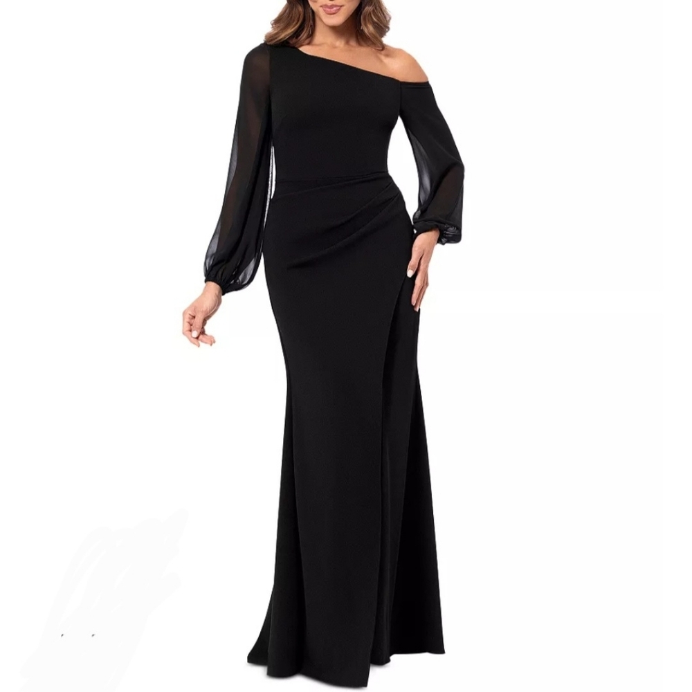 Betsy And Adam One Shoulder Gown Sheer Sleeve Black Cocktail Dress Size 6